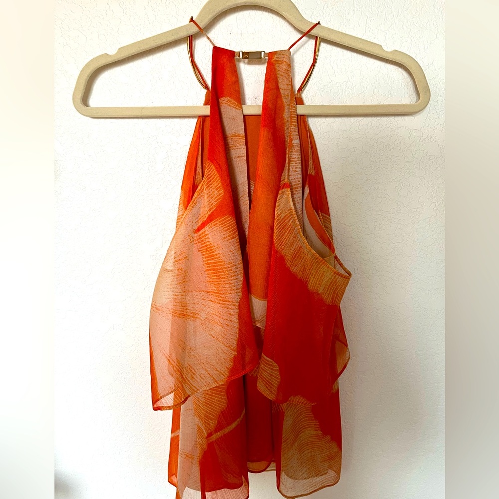 Halston Sleeveless orange printed top with Gold clasp